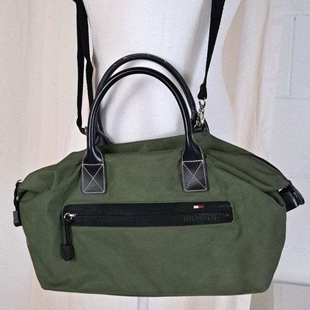 Tommy Hilfiger army green nylon baguette bag short handles and crossbody strap